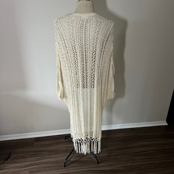 Cream Fringe Knit Crochet Long Cardigan Sweater Sz M/L Boho Coverup - Picture 2 of 8